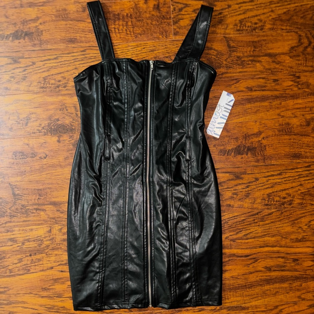 Almost Famous NWT Black Faux Leather Zip-Front Mini Dress Women’s Bodycon Sheath